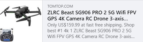 ZLRC Beast SG906 PRO 2 5G Wifi FPV GPS 4K Cámara RC Drone 3 ejes Gimbal 1200m Distancia de control 28 minutos Código de tiempo de vuelo: HY11ZR Precio: $ 145.99 Entregado por envío libre de impuestos